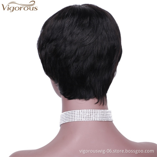 Vigorous Women Human Hair Wig Bob Hair Cut Pixie Side Part Black Fluffy  Human hair Wig Daily Use For Women